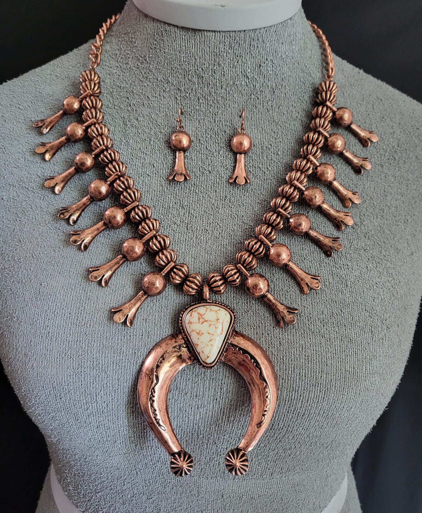 White Triangle Stone and Coppertone Squash Blossom Necklace and Earring Set.