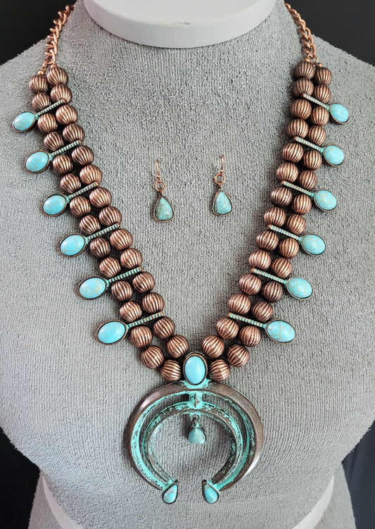 Patina and Turquoise Stone Squash Necklace and Earring Set