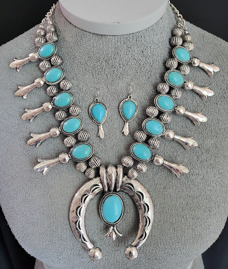 Torquoise Bead and Burnished Silvertone Squash Blossom Necklace and Earring set