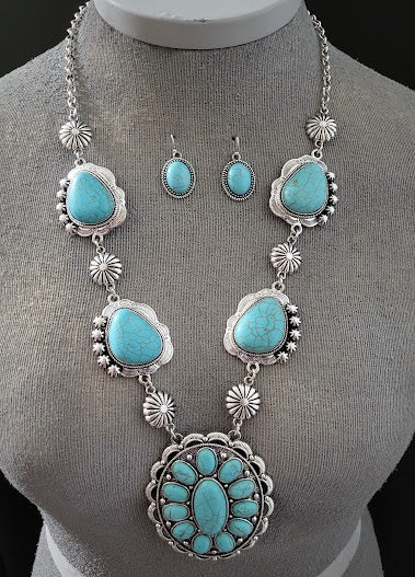 Burnished Silvertone and Turquoise Stone Concho Necklace and Earring Set