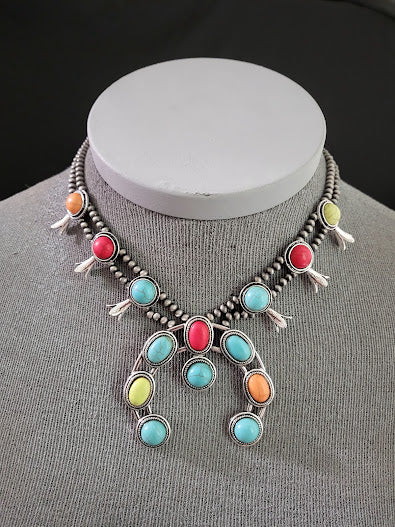 White and Multi-Color Elkhorn Squash Blossom Silver Pearl Necklace