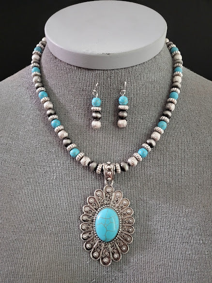 Turquoise Beaded Flower Naja Squash Necklace and Earring Set