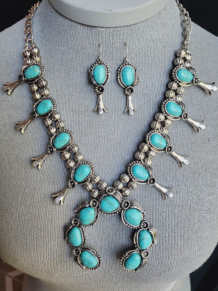 Burnished Silvertone and Turquoise Squash Blossom Necklace and Earring Set