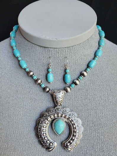 Turquoise Teardrop Squash Blossom Pearl Necklace and Earring Set