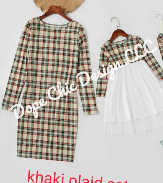 Mommy And Me Plaid Stitching Mesh Long-Sleeve Dress