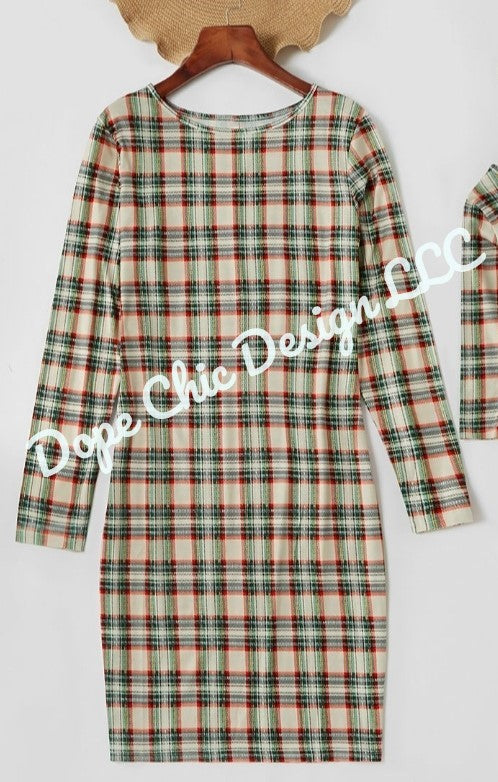 Mommy And Me Plaid Stitching Mesh Long-Sleeve Dress