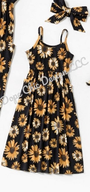 Sunflower Pattern Matching Black Sling Maxi Dresses
