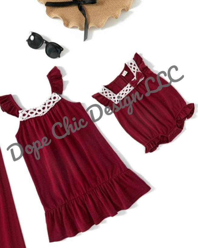 Mosaic Elegant Solid Color Flounced Lace Matching Midi Dresses
