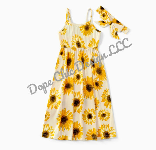Sunflower Pattern Matching Sling Maxi Dresses