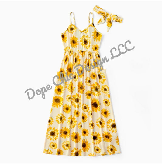 Sunflower Pattern Matching Sling Maxi Dresses