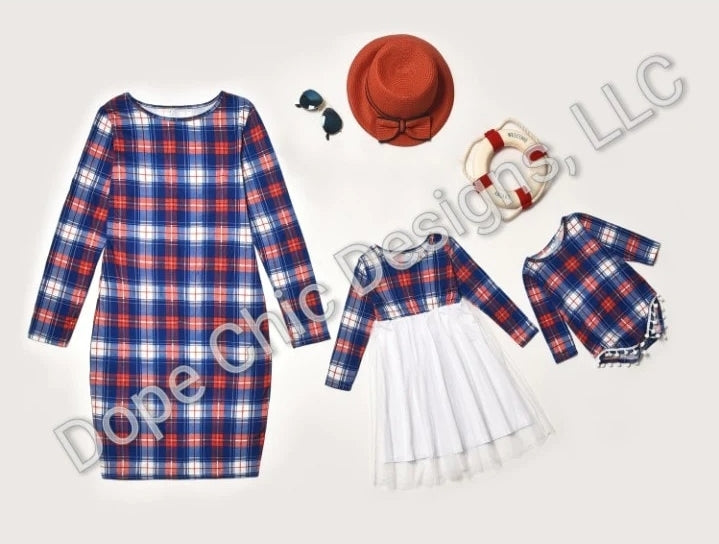 Mommy and Me Plaid Stitching Mesh Long-Sleeve Dresses