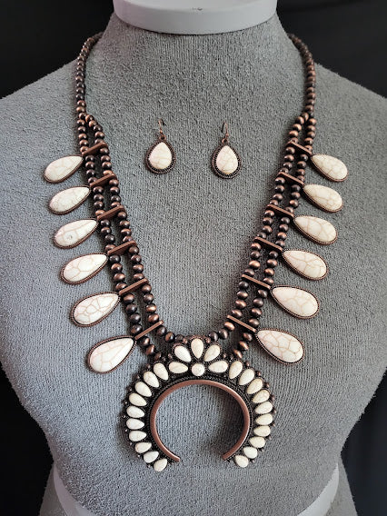 White Teardrop Squash Blossom Navajo Inspired Pearl Necklace and Earring Set