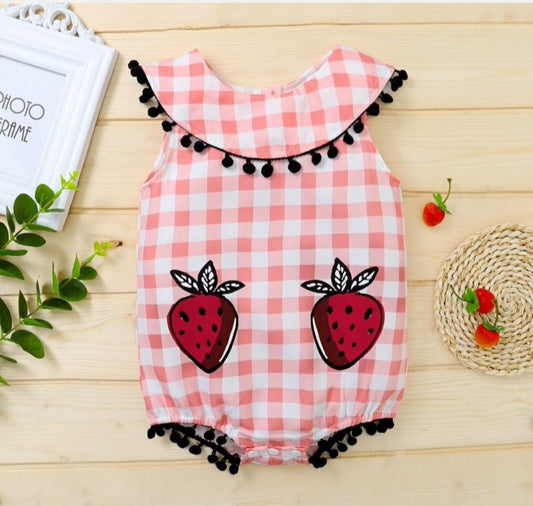 Strawberry and Plaid Print Pompon Tasseled Stylish Pink Baby Romper