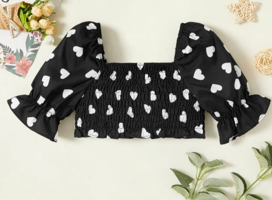 Toddler Girl Sweet Heart Print Square Neck Pleated ruffle-Sleeve Top